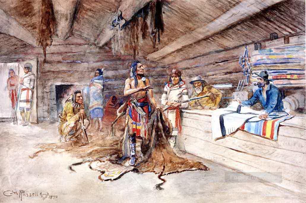 joe kipp’s poste de traite 1898 Charles Marion Russell Indiens d’Amérique Peintures à l'huile